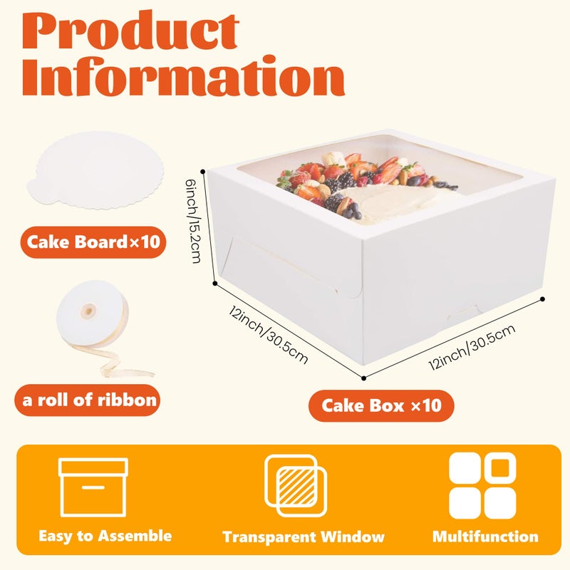 LOKQING 20Pcs Cake Boxes with Window and Cake Boards White Bakery Boxes for Cakes Gift 12x12x6 Inches(10 Boxes & 10 Boards) - Image 2